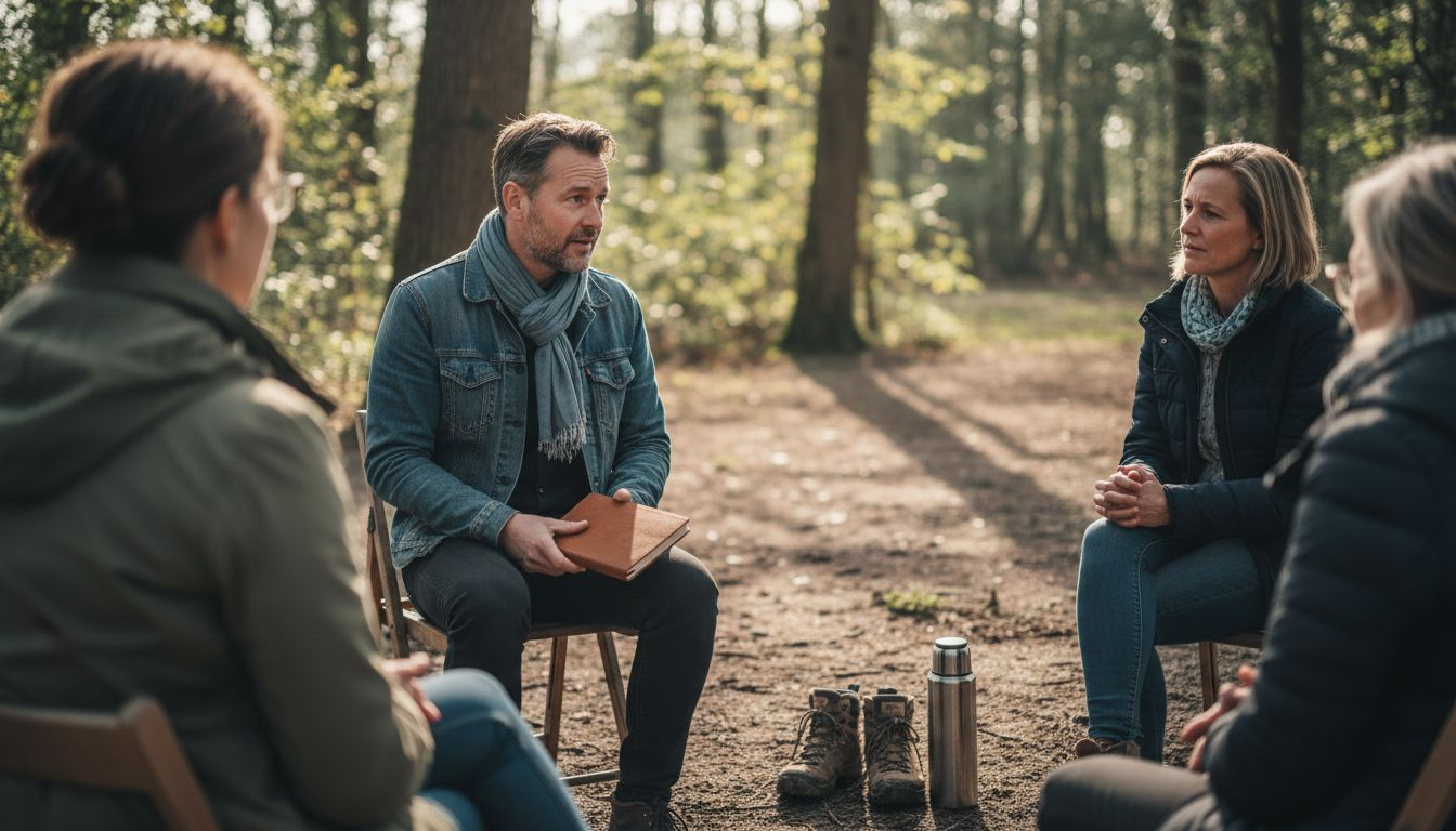 Een coach ondersteunt een groep tijdens activiteiten in de natuurtuin.