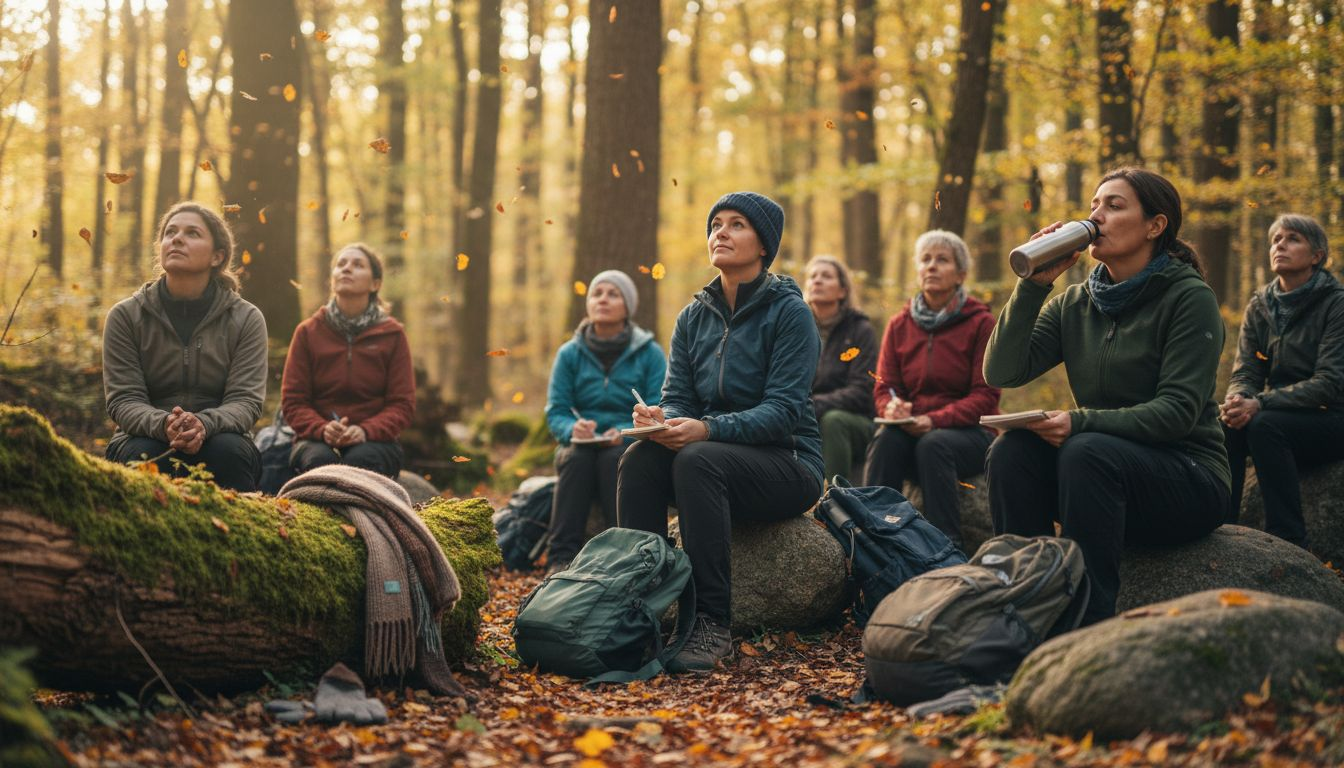 Een groep mensen komt tot rust in het bos tijdens een retraite.