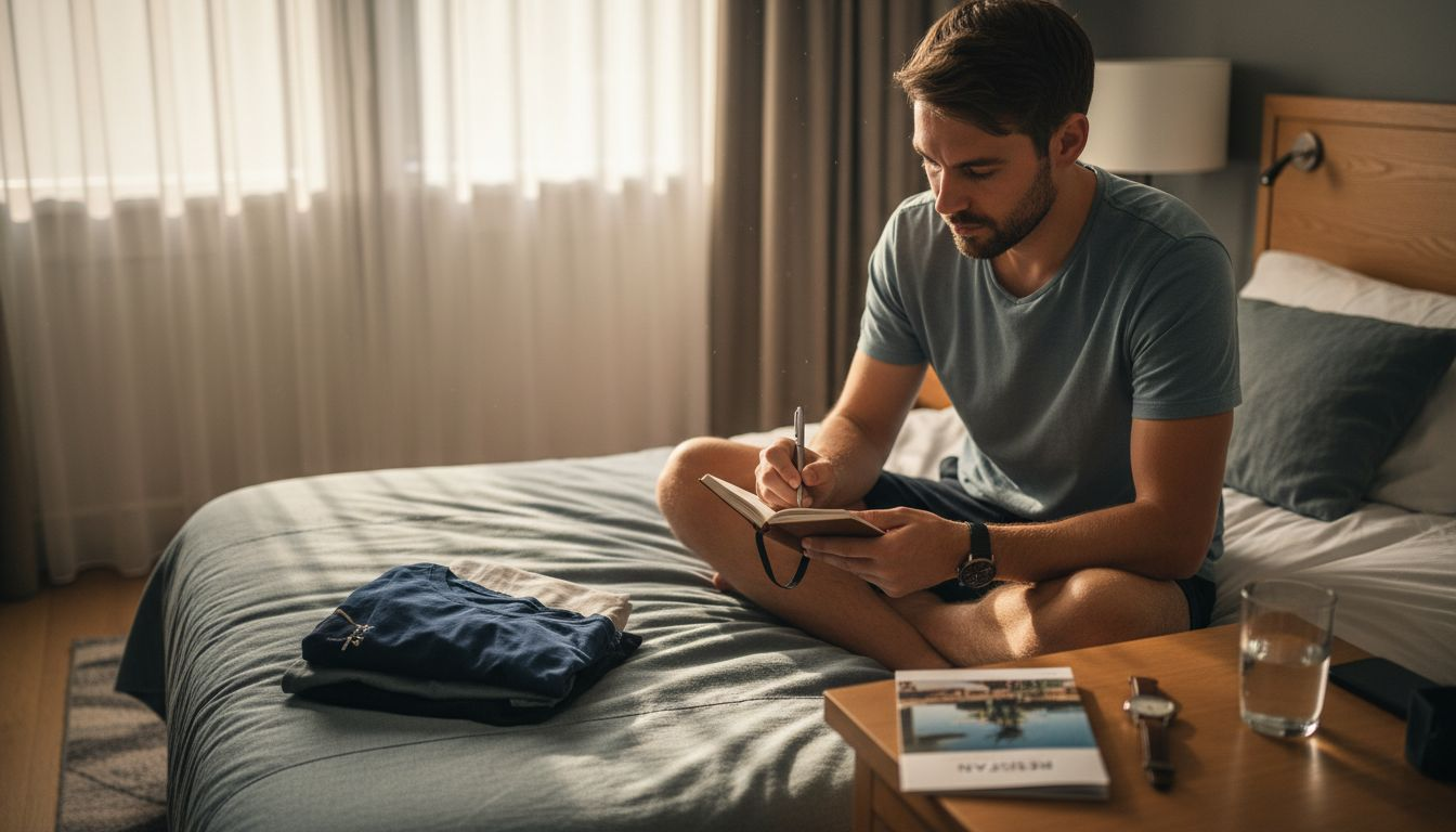 Man zit in een hotelkamer en schrijft zijn doelen op voor een gezondere levensstijl.
