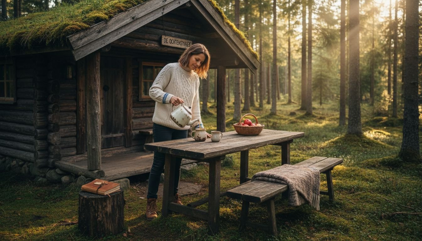 Een vrouw zet thee klaar op een rustgevende plek midden in het bos.