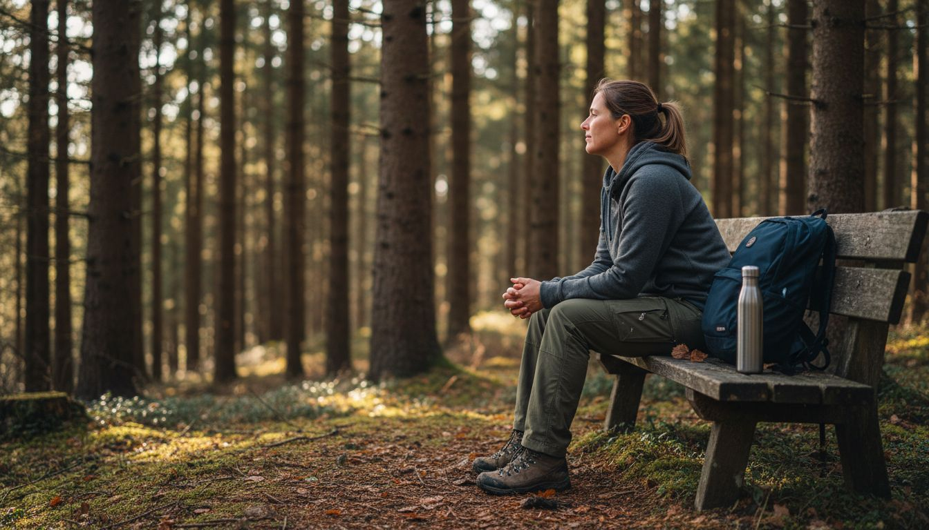 Een vrouw geniet van de rust terwijl ze op een bankje in het bos zit.