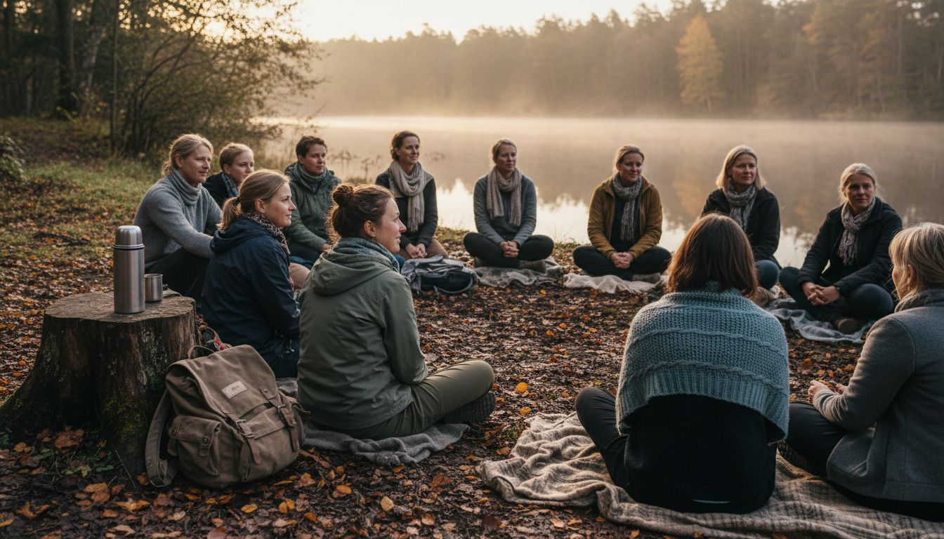 Een groep mensen zit samen in een kring tijdens een retreat, midden in de buitenlucht.