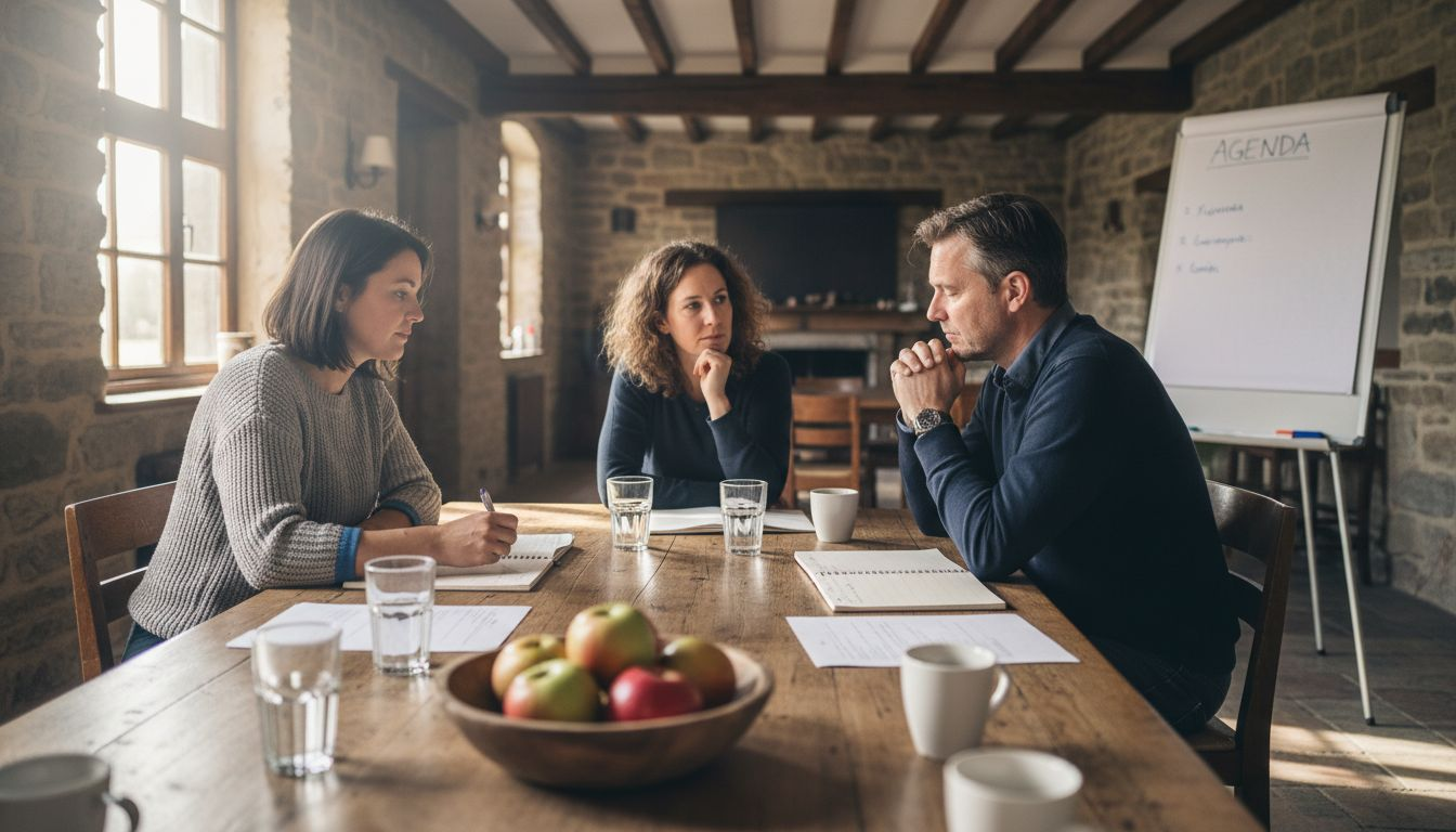 Een klein groepje zit samen aan tafel en is verwikkeld in een diepgaand gesprek.