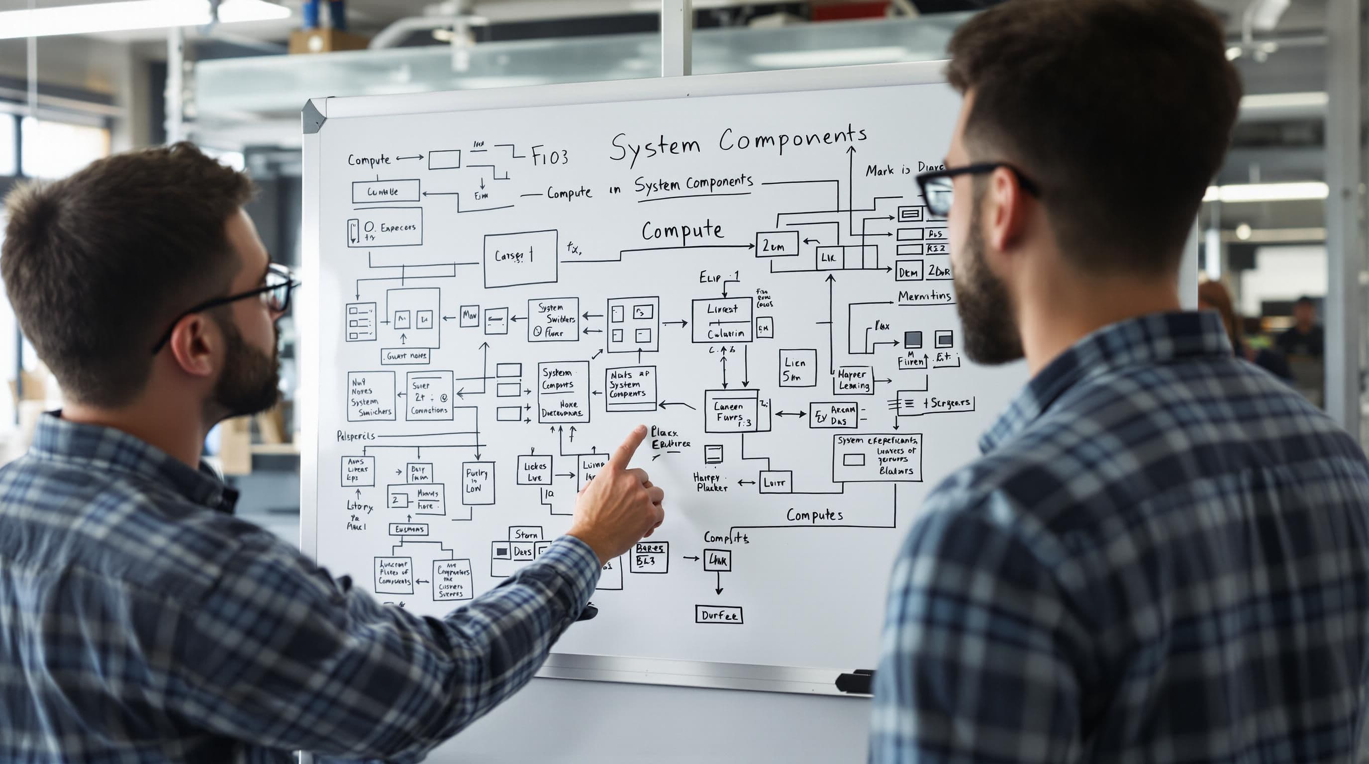 Engineers discuss HPC system architecture and system components in a bright lab setting