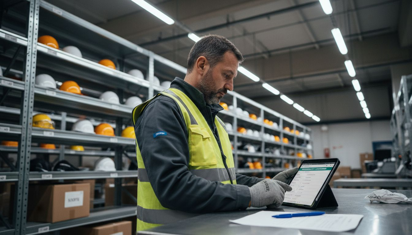 Il magazziniere aggiorna i dati sui dispositivi di protezione individuale direttamente dal tablet.