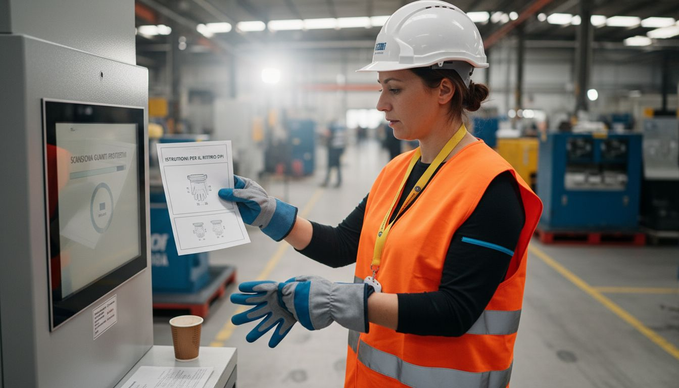 Un operaio in fabbrica utilizza una postazione per la registrazione dei dispositivi di protezione individuale.