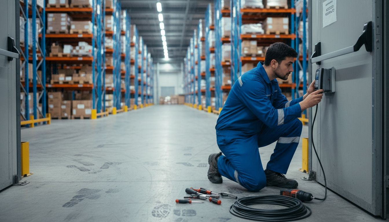 Tecnico installa lettore accessi all’ingresso magazzino