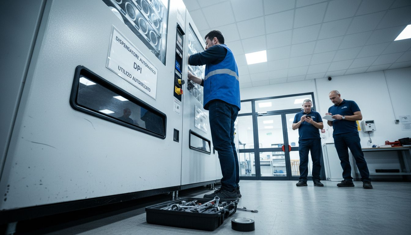 Il tecnico si occupa dell’installazione e della configurazione del distributore di DPI nel reparto aziendale.