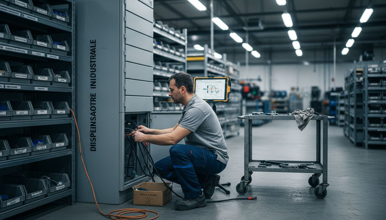 Tecnico informatico alle prese con la configurazione dei dispositivi di sicurezza all’interno di uno stabilimento industriale.