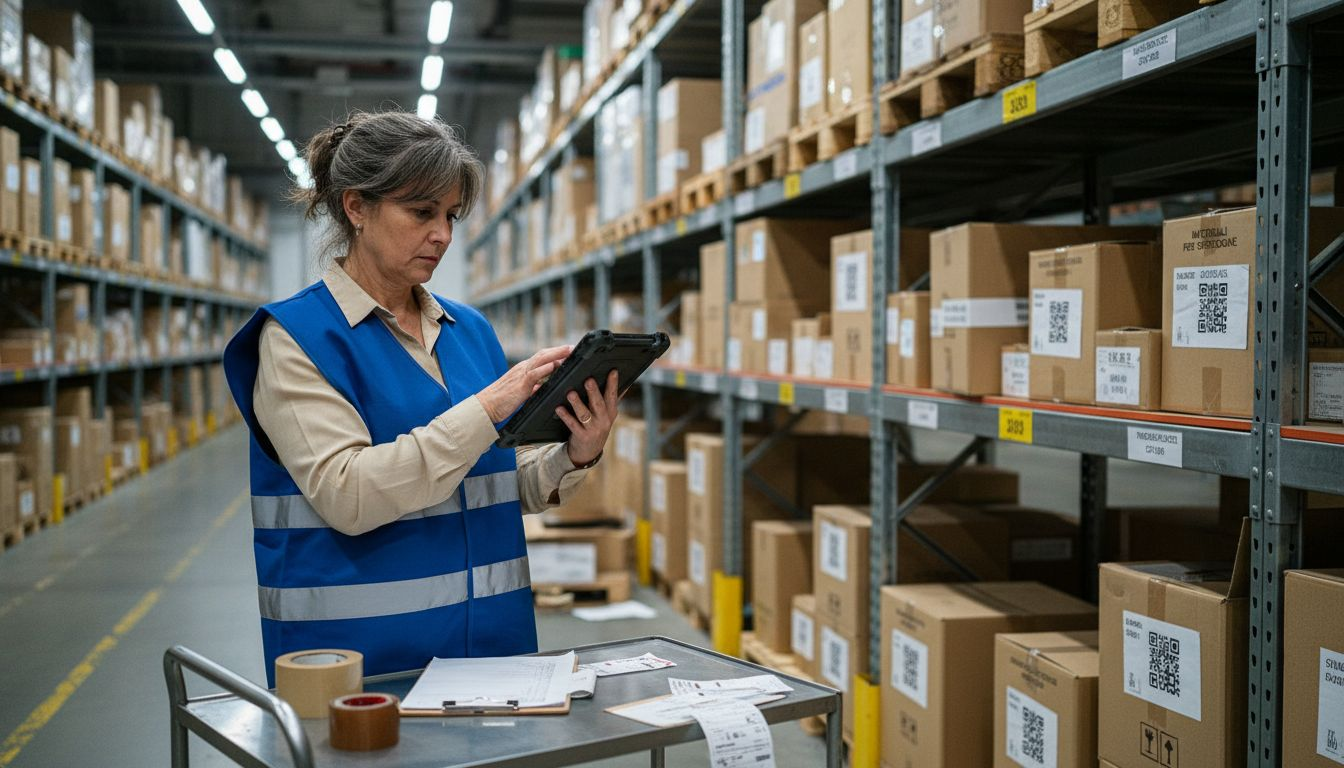 Il responsabile controlla i materiali in magazzino utilizzando un tablet.