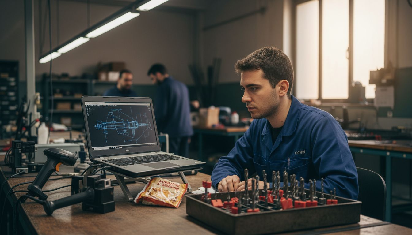 Tecnico che gestisce gli attrezzi tramite il computer portatile