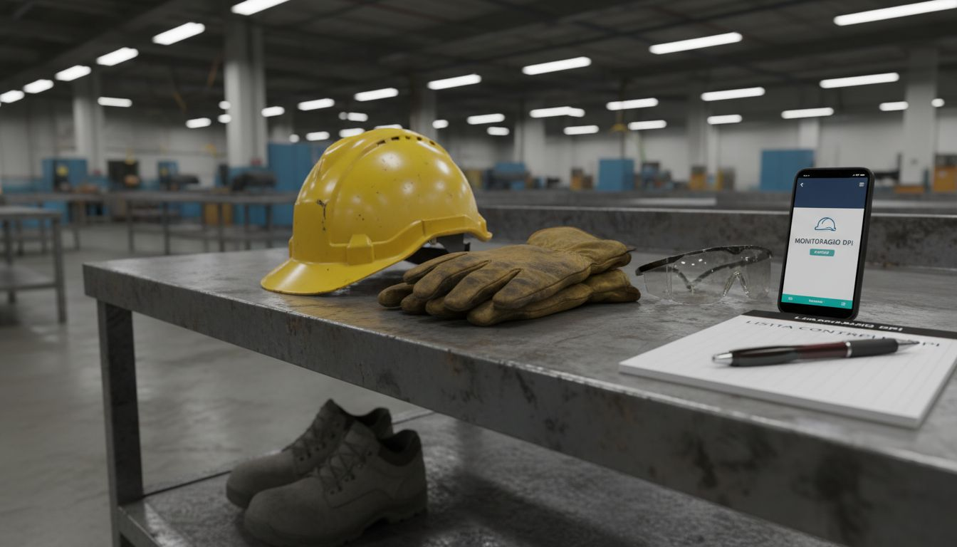 Diversi dispositivi di protezione individuale disposti su un banco da lavoro