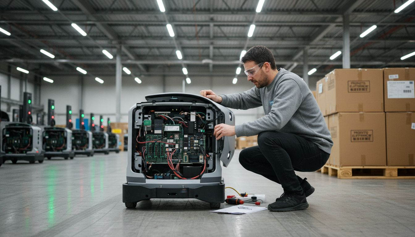 Un tecnico verifica il corretto funzionamento di un robot autonomo all’interno del magazzino.