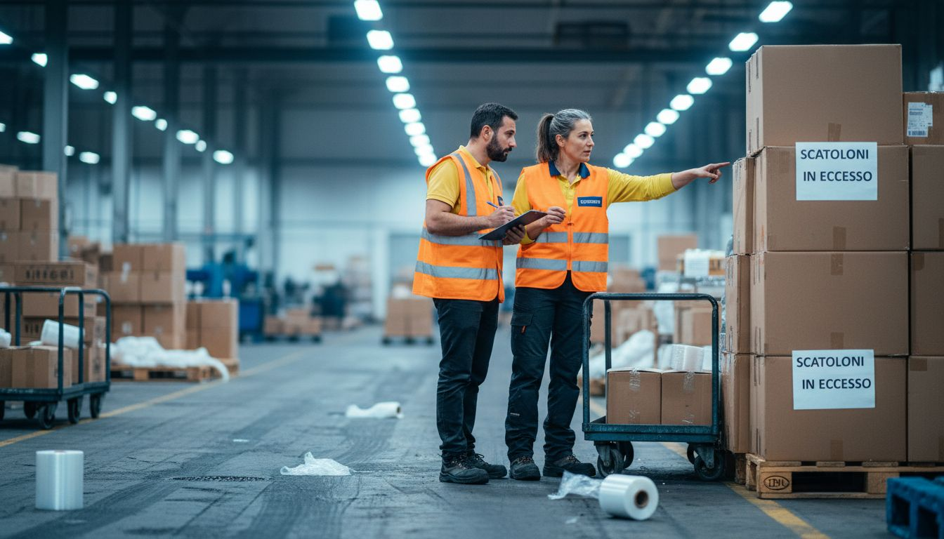 Il personale dello stabilimento esamina i materiali in uso per individuare eventuali sprechi e ottimizzare i processi produttivi.