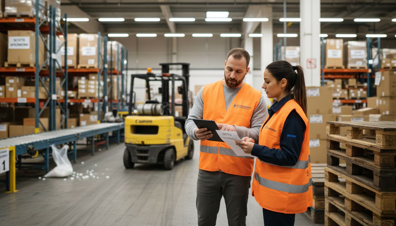 Il personale controlla la disponibilità dei prodotti tra gli scaffali del magazzino.