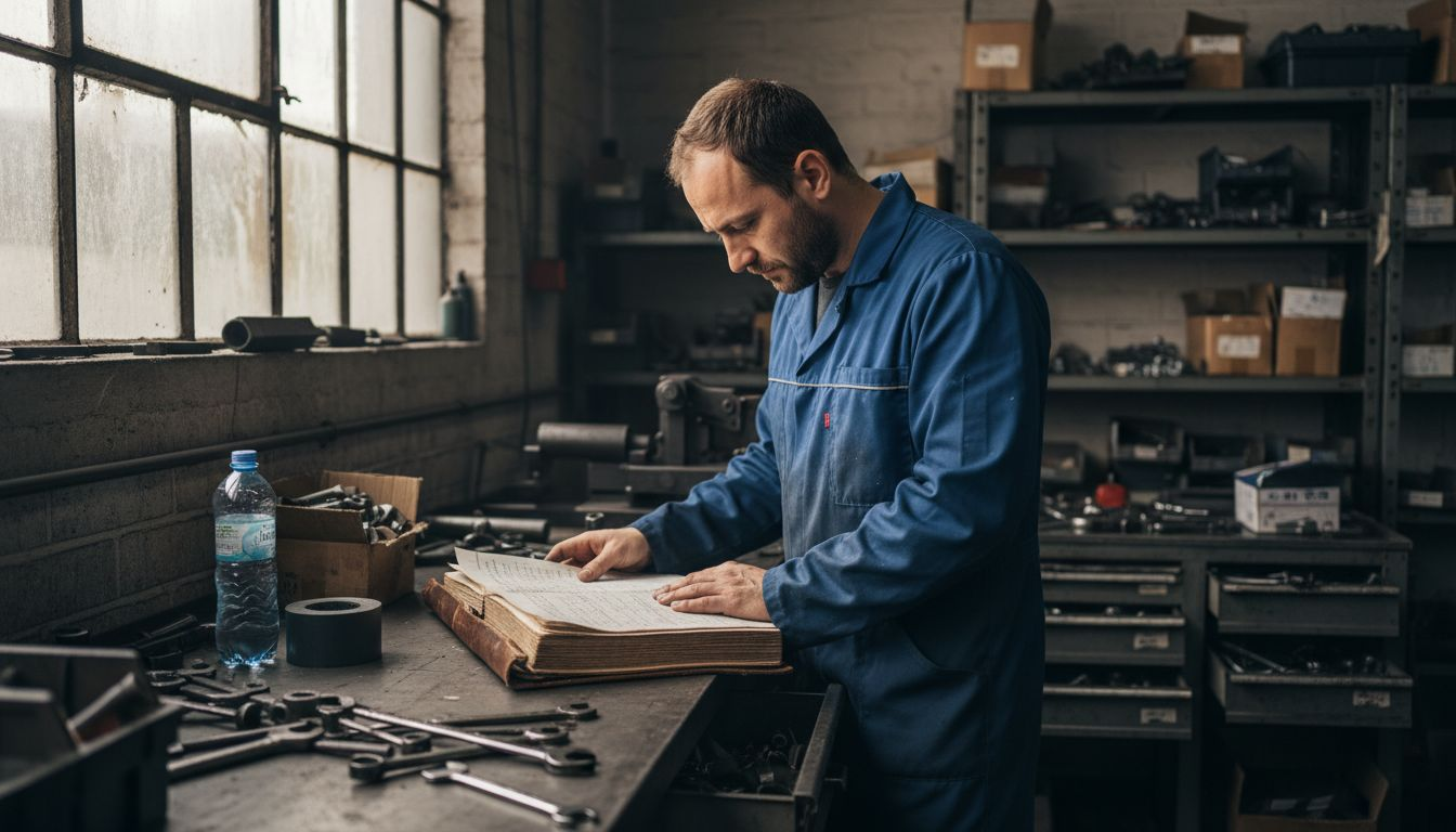 Un operaio rovista tra gli scaffali e il banco da lavoro alla ricerca degli attrezzi di cui ha bisogno.