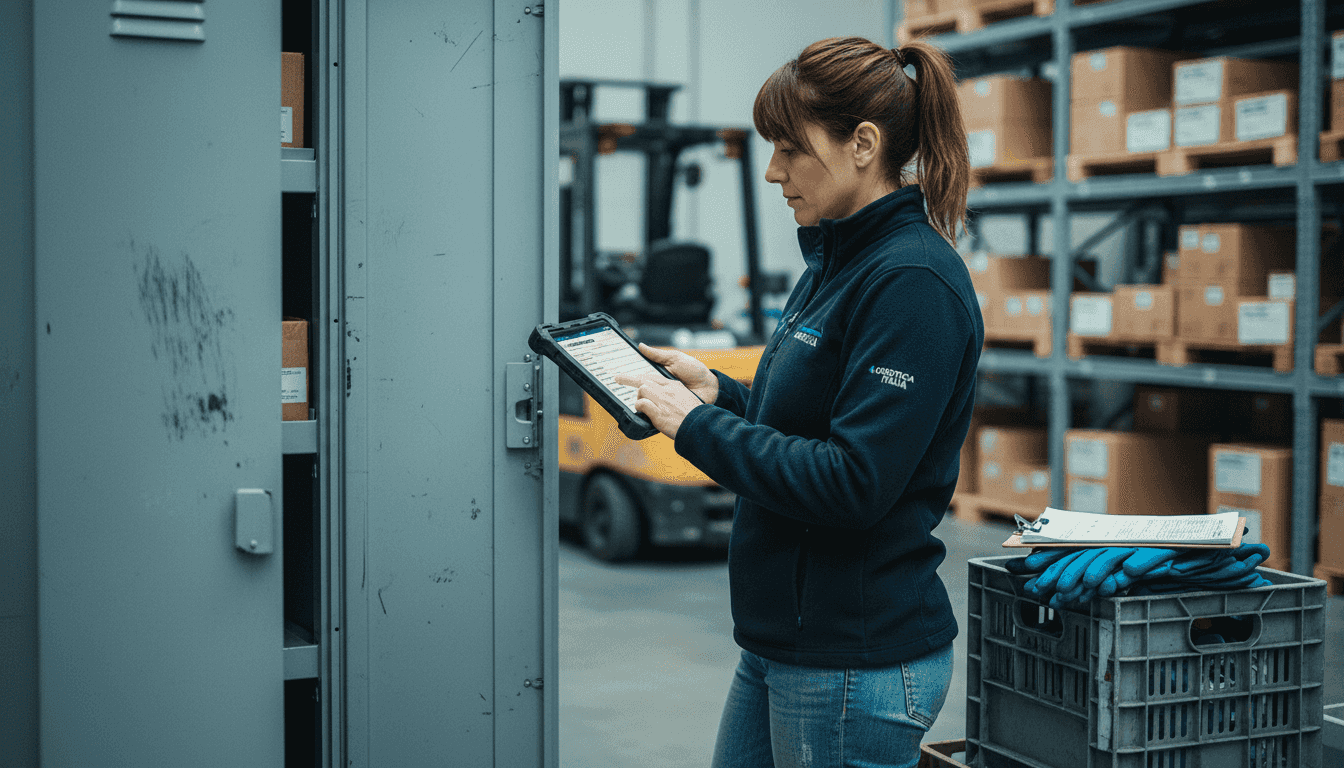 Un responsabile controlla lo stato delle scorte all’interno di un magazzino industriale.