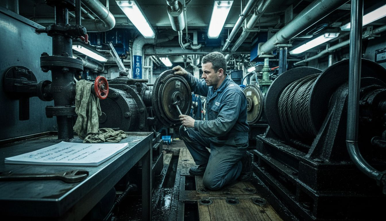 Un tecnico sta verificando le attrezzature navali per garantire la sicurezza.