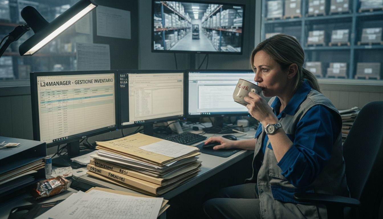 Il responsabile controlla i monitor del software di gestione del magazzino per verificare lo stato delle scorte.