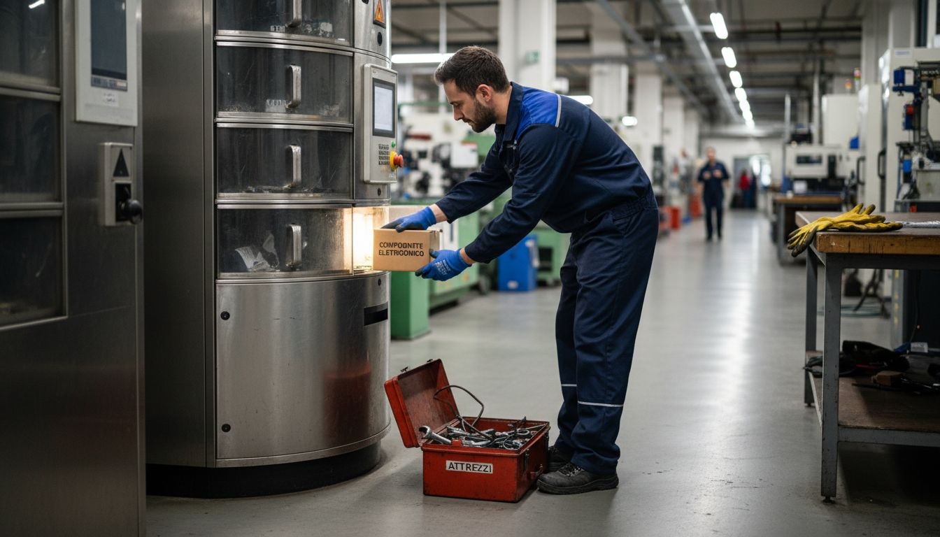 Un tecnico al lavoro su un distributore automatico rotante all’interno dello stabilimento.