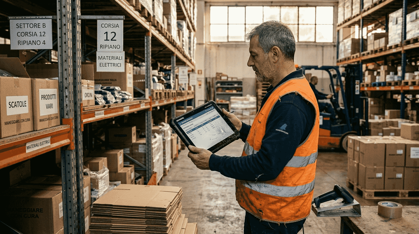 Responsabile di magazzino che gestisce il controllo dei materiali tramite tablet