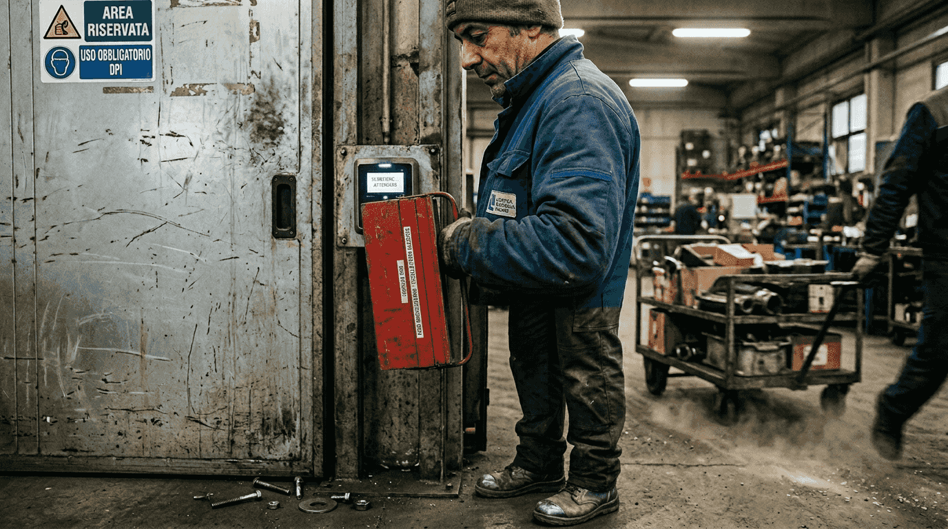 Un addetto utilizza il lettore RFID per gestire gli utensili in magazzino.