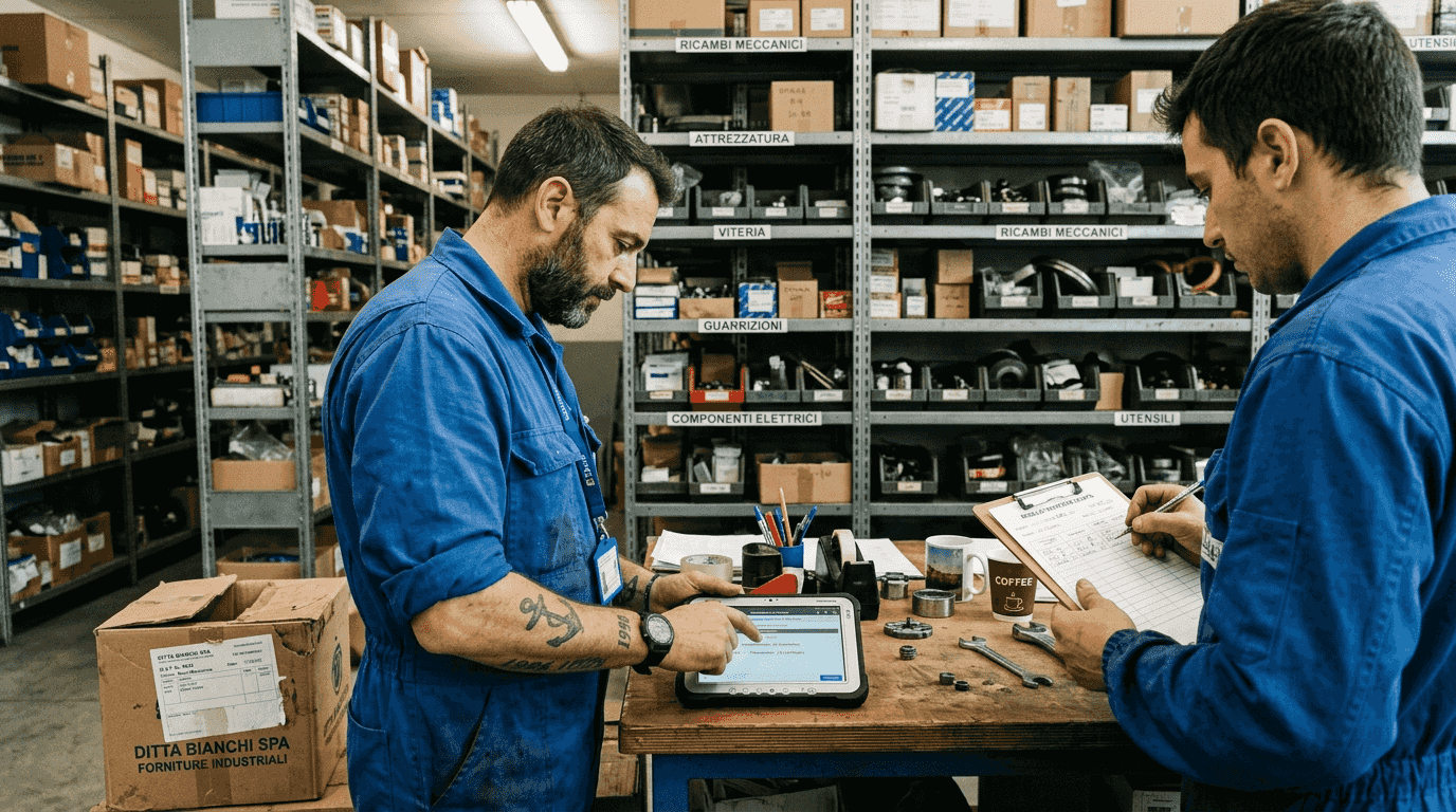 Operai in fabbrica impegnati nell’aggiornamento dei dati di magazzino