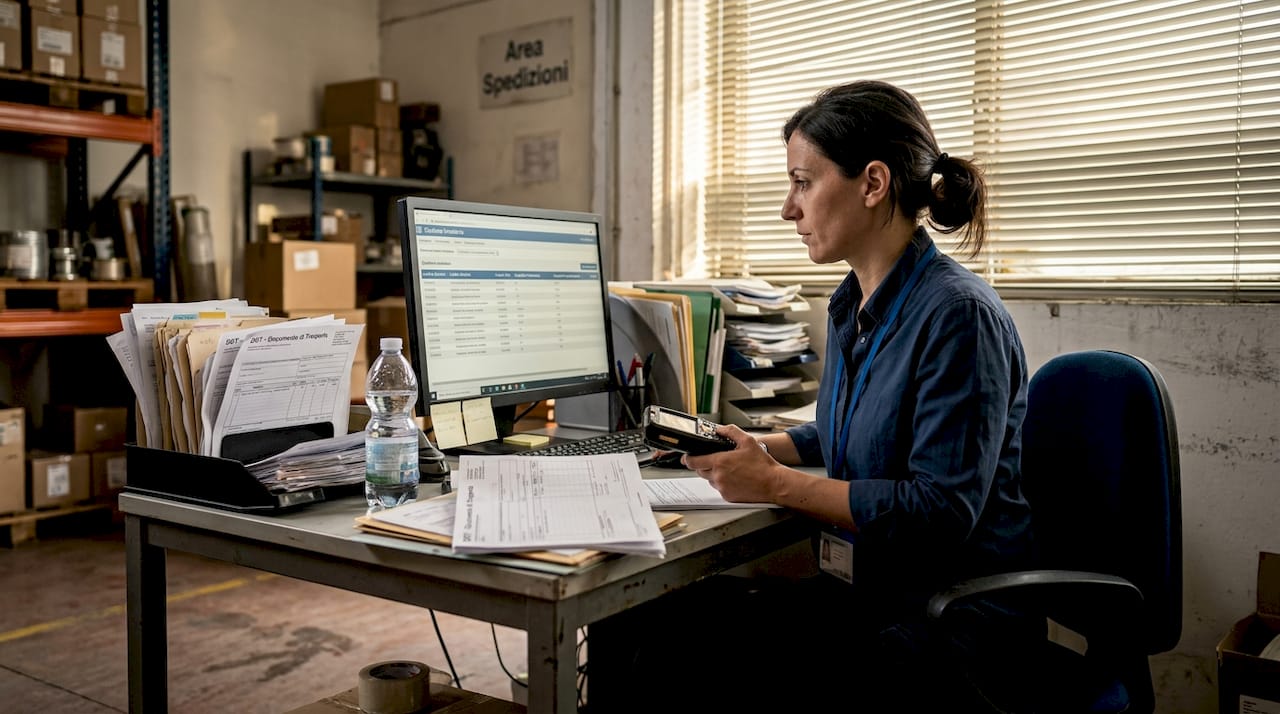 Responsabile magazzino che controlla i materiali tramite un sistema digitale
