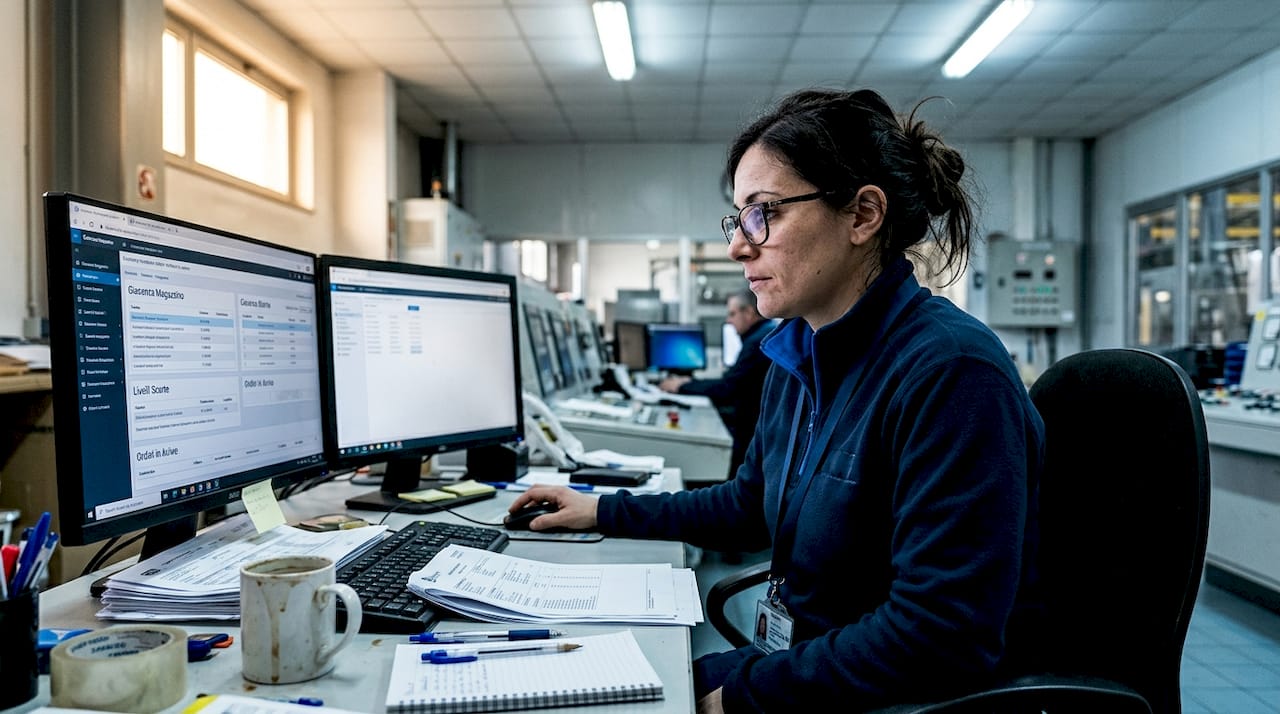 Operatore che monitora la gestione dei materiali di consumo lavorando su due schermi.