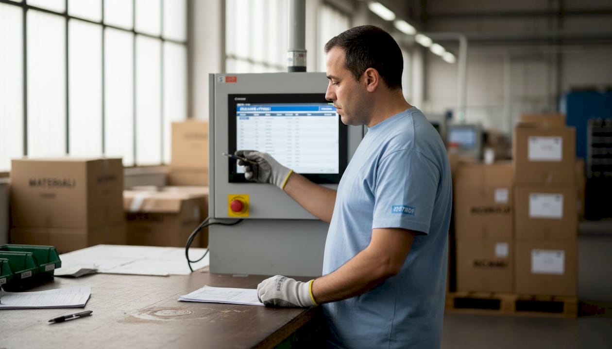 L’operatore preleva i materiali dal distributore automatico.