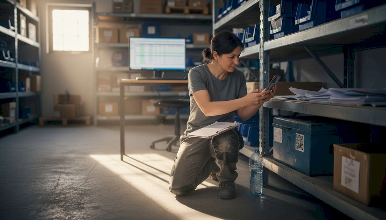 Il responsabile di magazzino utilizza lo smartphone per registrare l’attrezzatura.