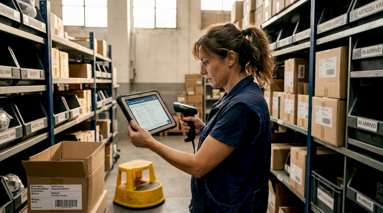 Un addetto controlla l’inventario del magazzino utilizzando un tablet.