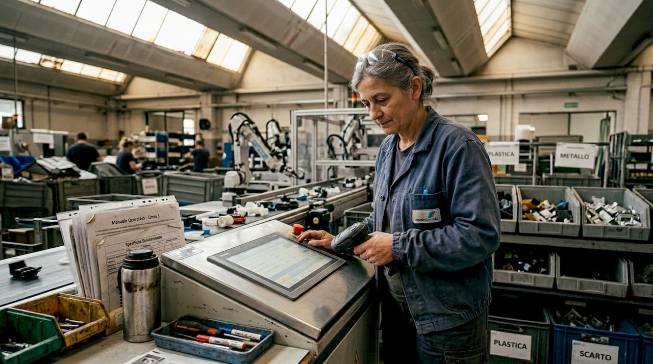 Operatore al lavoro con macchinari automatici per la selezione dei prodotti