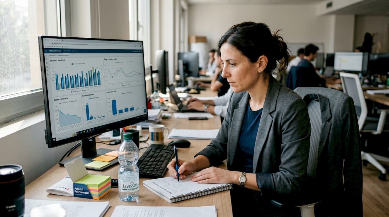 Un dipendente esamina i dati di magazzino direttamente dal computer