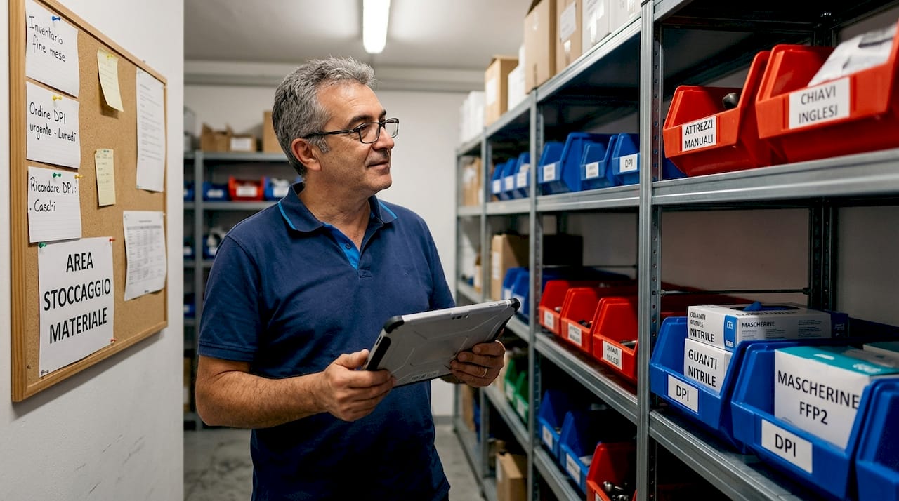 Il responsabile sta controllando lo stato delle scorte in magazzino tramite il sistema digitale di gestione.