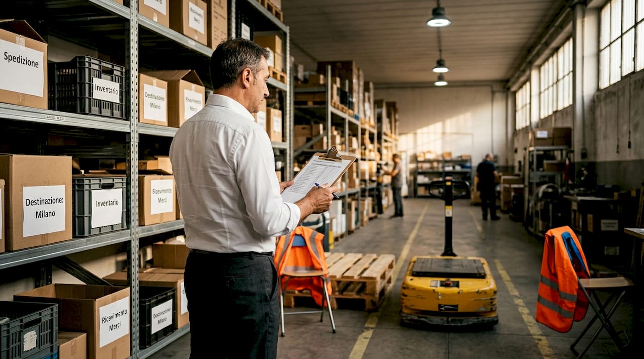 Il responsabile della logistica controlla il funzionamento dell’AGV nel magazzino di piccole dimensioni.