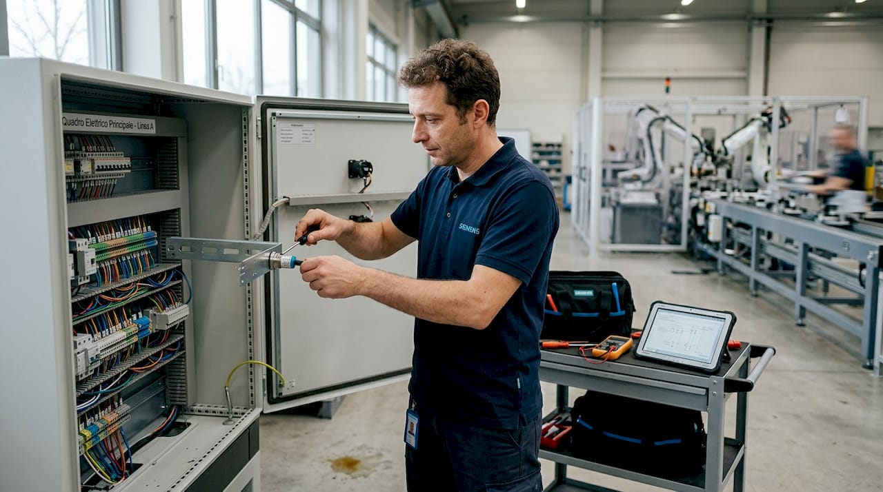 Un tecnico sta installando un sensore all’interno di un quadro elettrico in fabbrica.