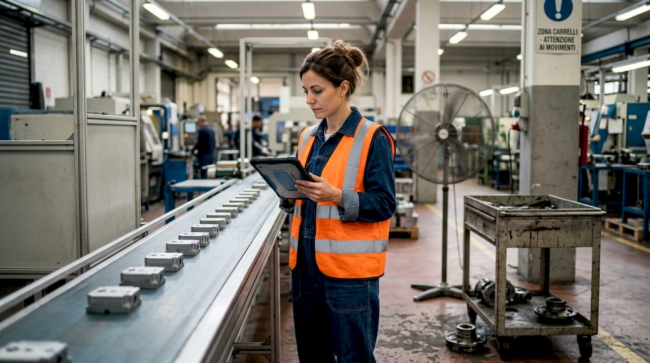 Il responsabile supervisiona la linea di produzione just-in-time, assicurandosi che tutto proceda secondo i tempi previsti.