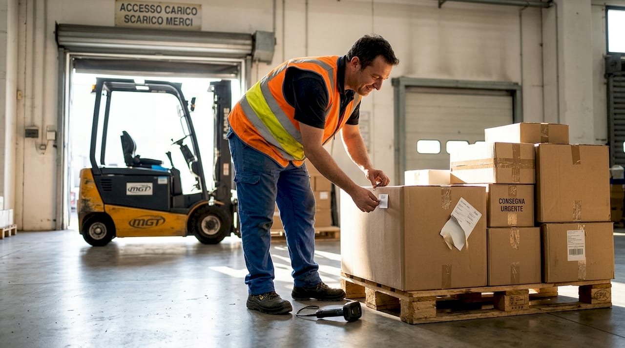 L’addetto si occupa di registrare l’arrivo delle merci, annotando sia i pallet che i codici a barre.