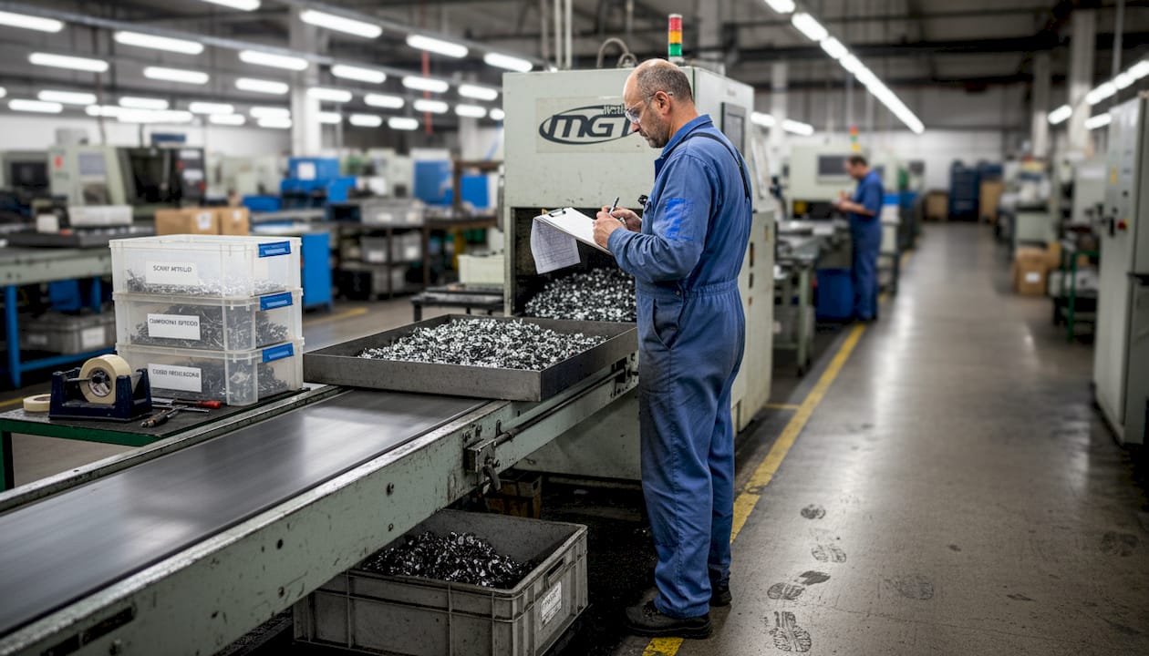 Un operatore controlla i residui di materiale sul pavimento dello stabilimento, assicurandosi che tutto sia in ordine e che non ci siano scarti che possano compromettere la sicurezza o la qualità della produzione.