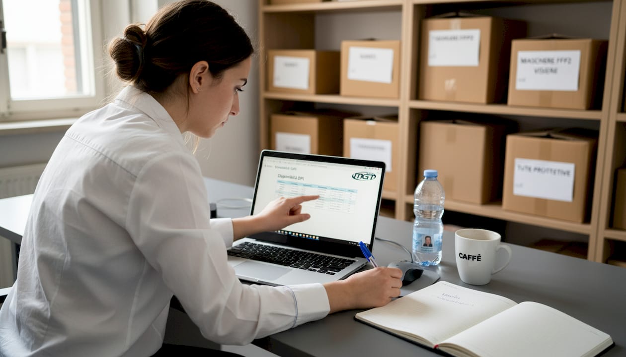 Una donna aggiorna l'inventario dei dispositivi di protezione individuale direttamente dal suo portatile.