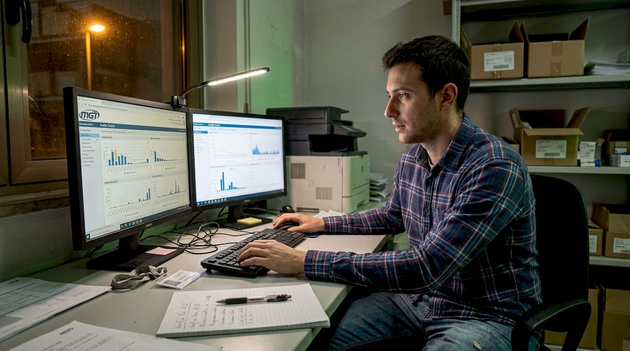 Un addetto gestisce l’inventario lavorando su una postazione con doppio monitor.