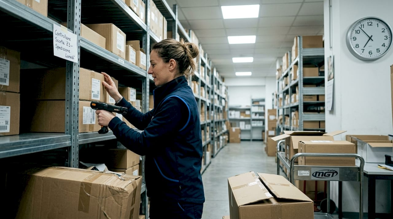 Un addetto controlla i codici delle scatole sugli scaffali del magazzino.