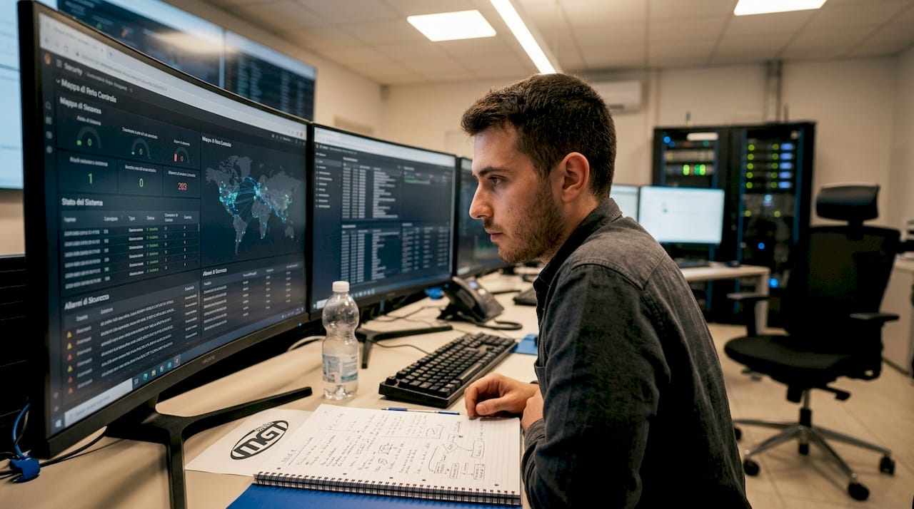 Un tecnico monitora i dati relativi alla sicurezza informatica all'interno della sala di controllo IT.