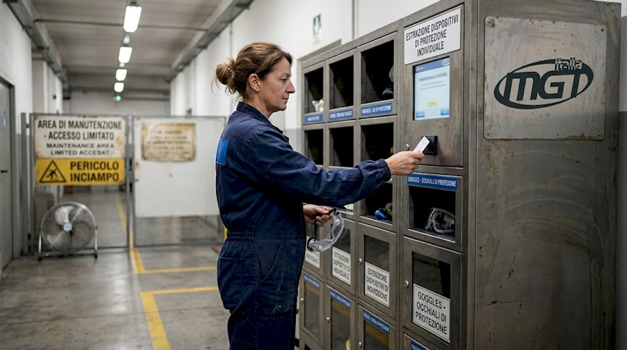 Un operaio preleva i dispositivi di protezione individuale dal proprio armadietto in azienda.