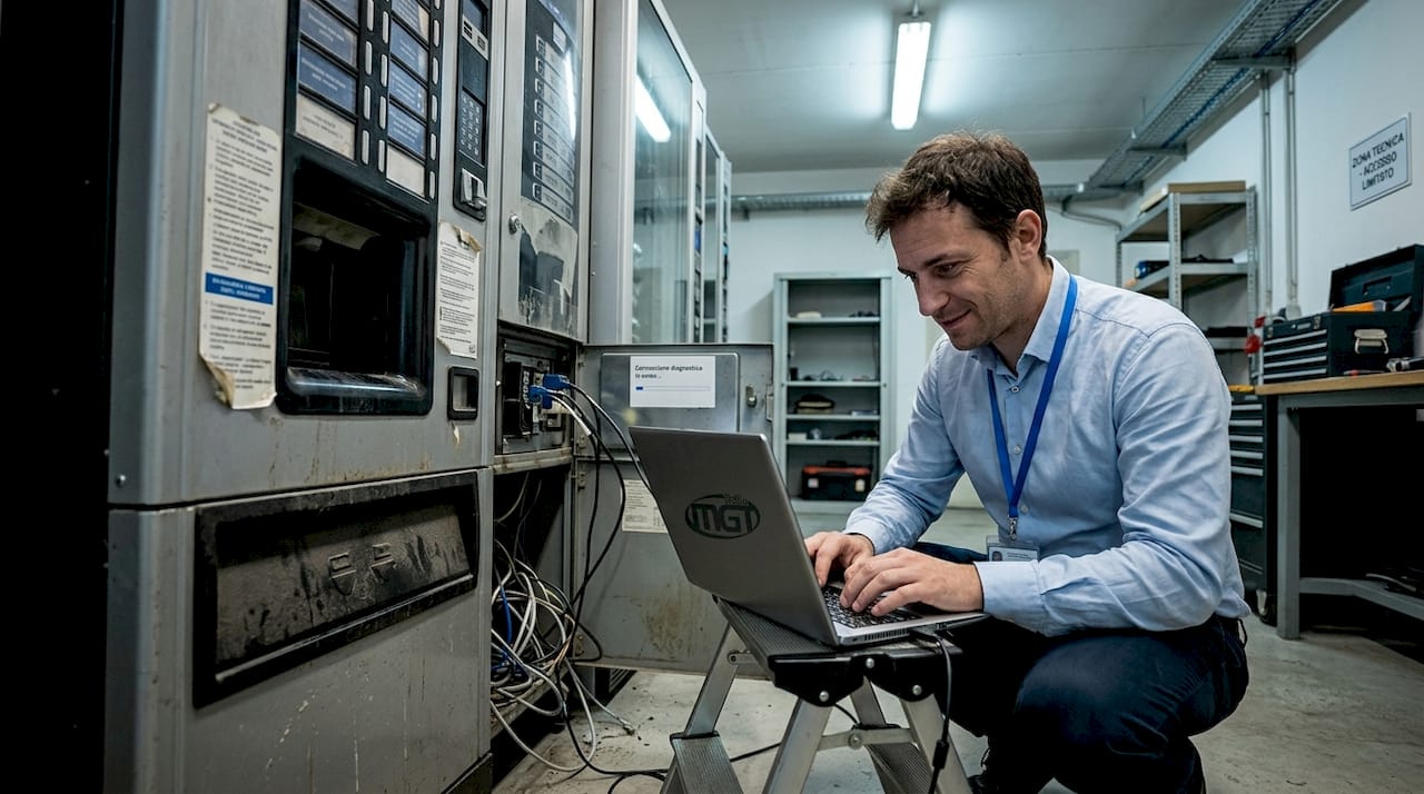 Un tecnico sta installando un nuovo software su un distributore automatico.