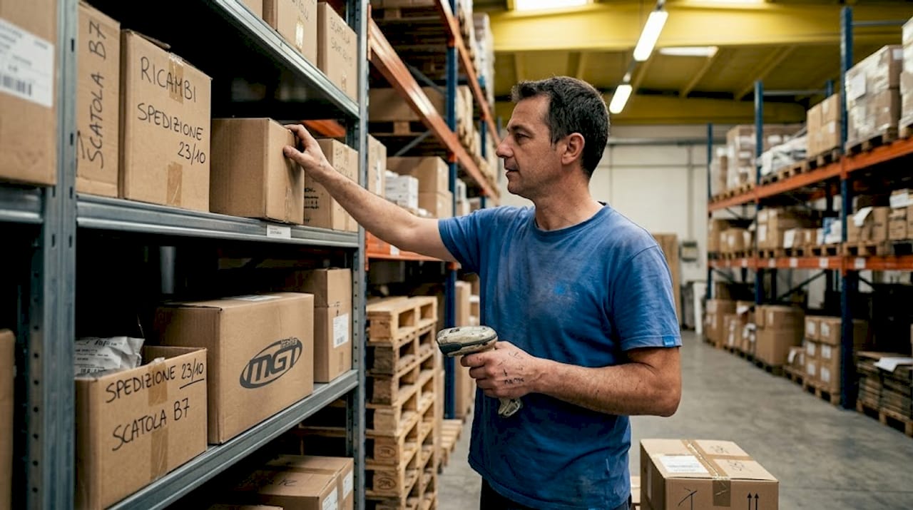 Operatore addetto alla gestione e sistemazione delle scatole in magazzino, con utilizzo di scanner