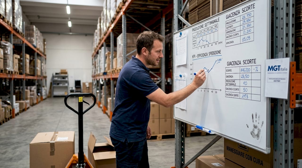 Il responsabile di magazzino aggiorna il pannello degli indicatori di performance