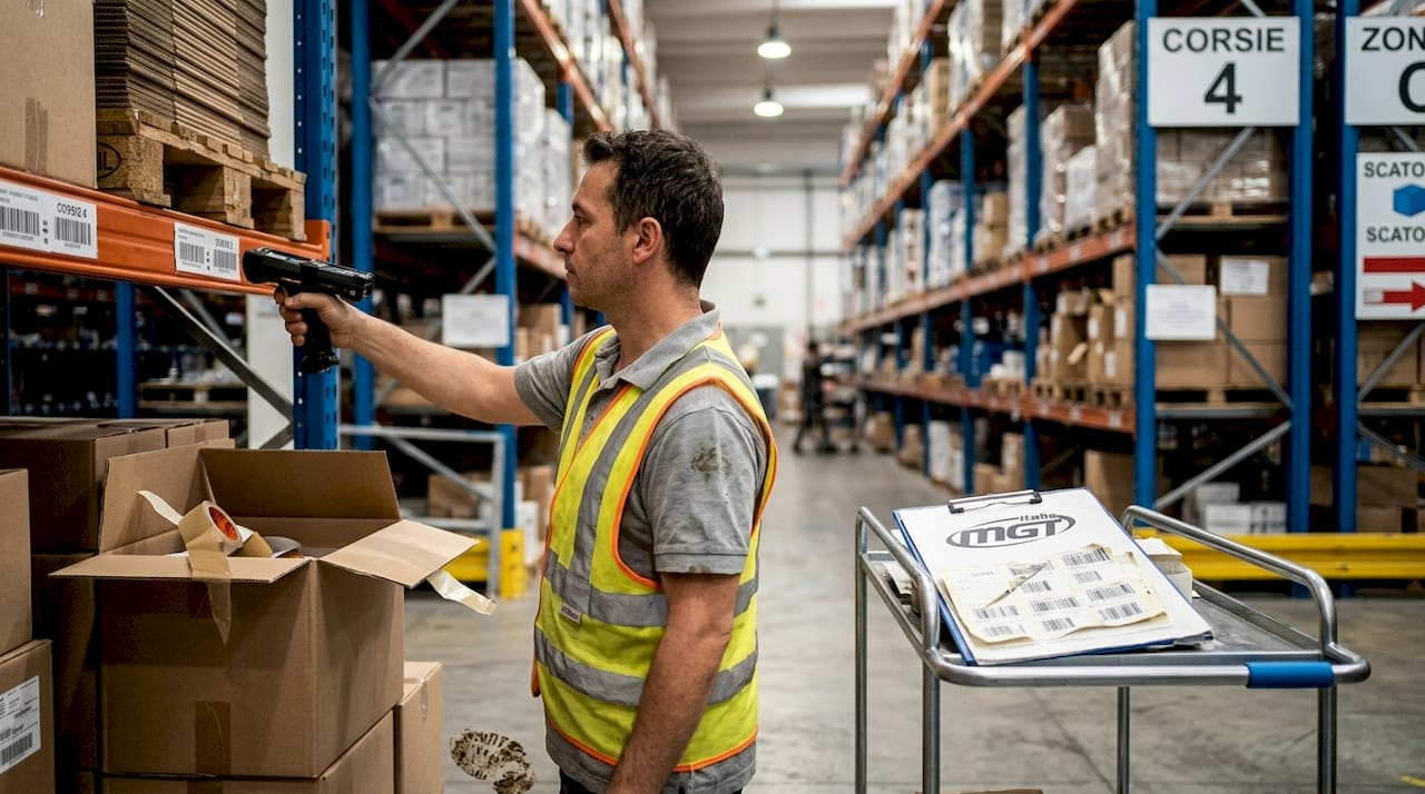 Addetto di magazzino che controlla i codici a barre sugli scaffali durante l’inventario