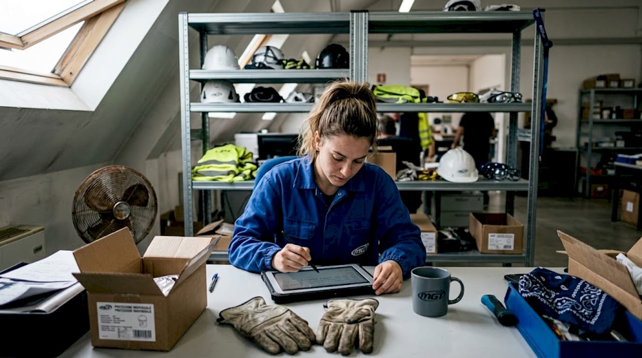 L’addetta registra i dati relativi al consumo dei DPI direttamente sul tablet.